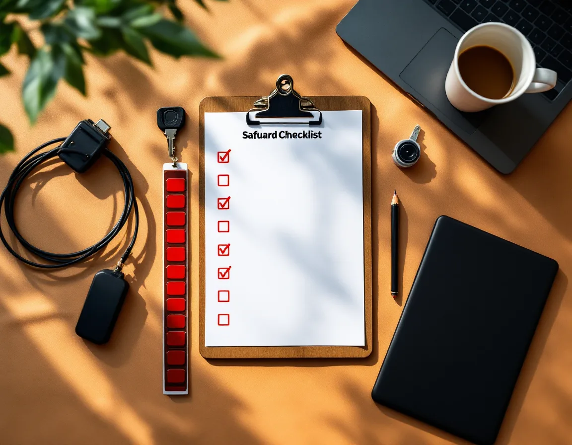 Overhead view of the walk-through kit: a clipboard checklist, red numbered asset tags, a hardware security key, a closed laptop, a visitor badge, and a coffee cup.
