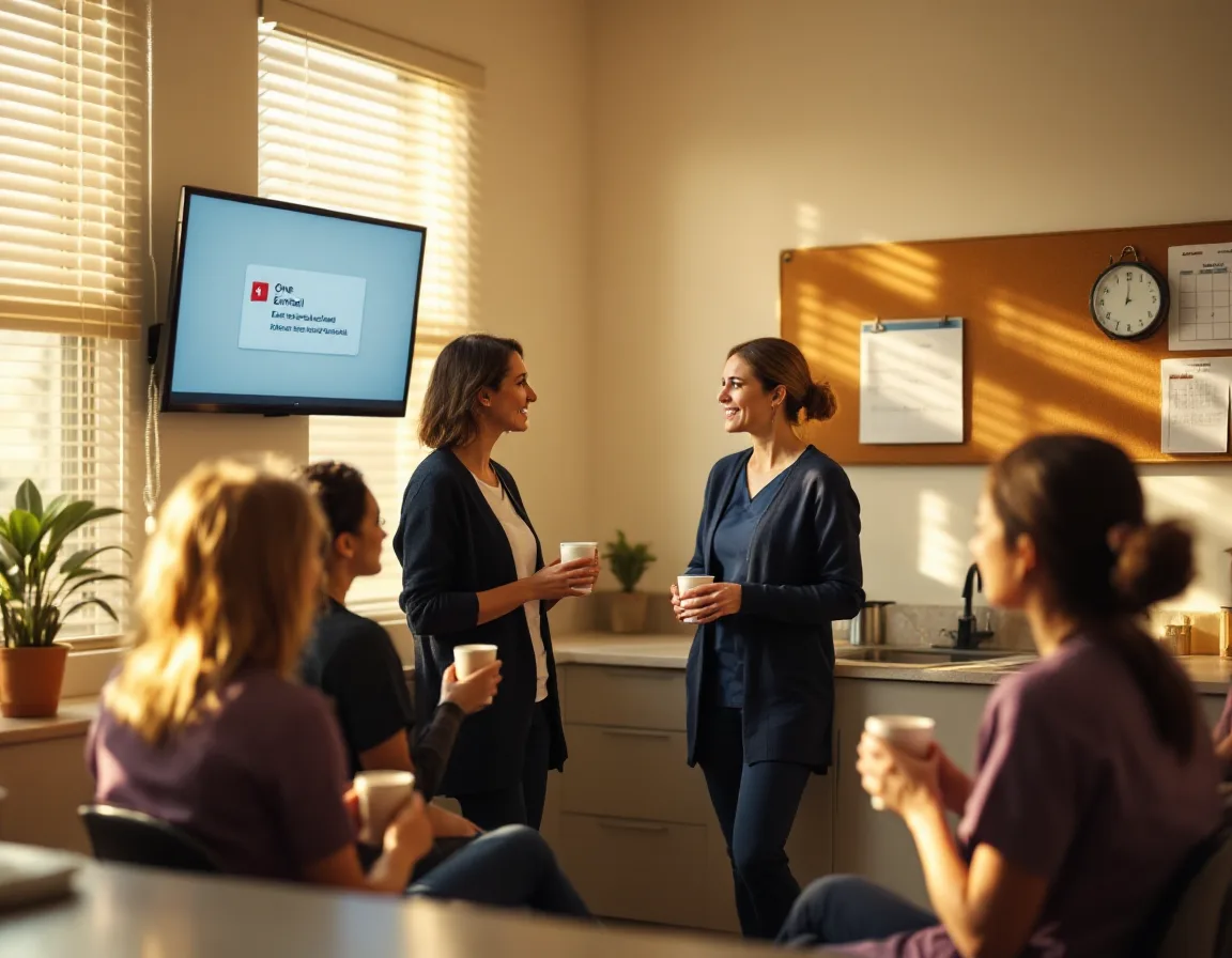 A consultant talking a seated dental team through a flagged email in their break room, coffee in hand.